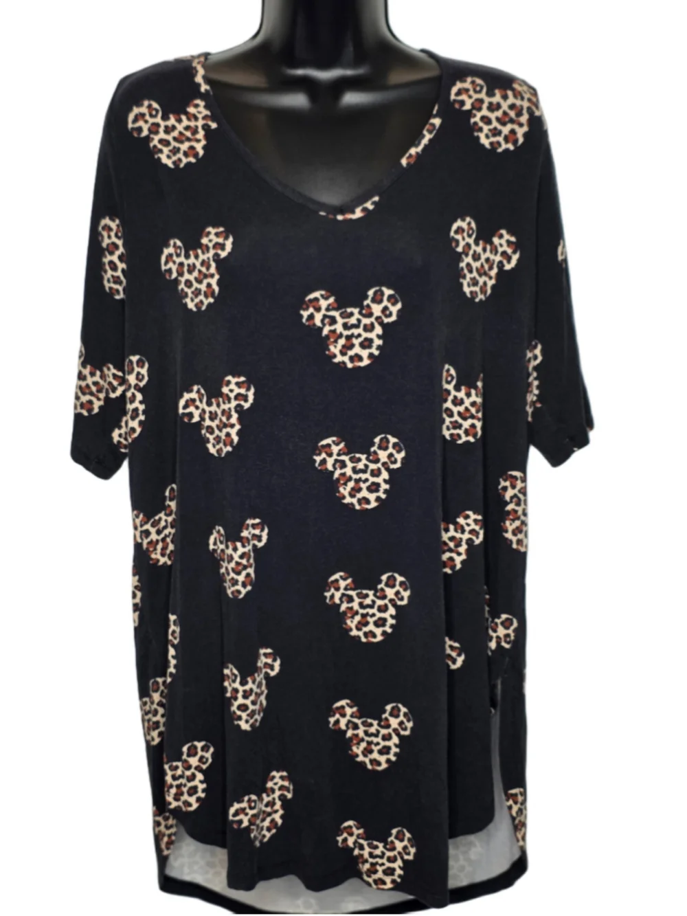 Disney Mickey Mouse Leopard Print Short Sleeve Tee Black Women's Size 2 - Picture 2 of 4